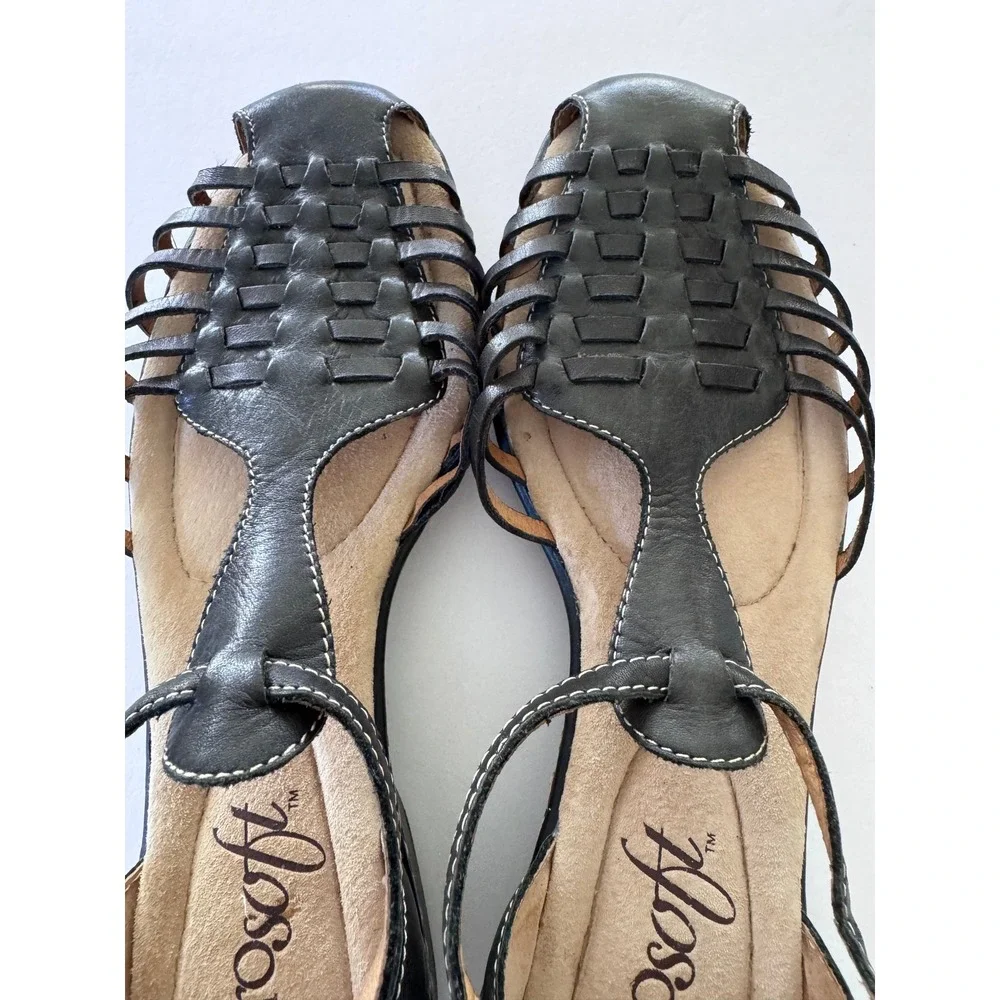 Eurosoft Allison Black Leather Woven Sandals 8M Comfort Vintage Style Boho